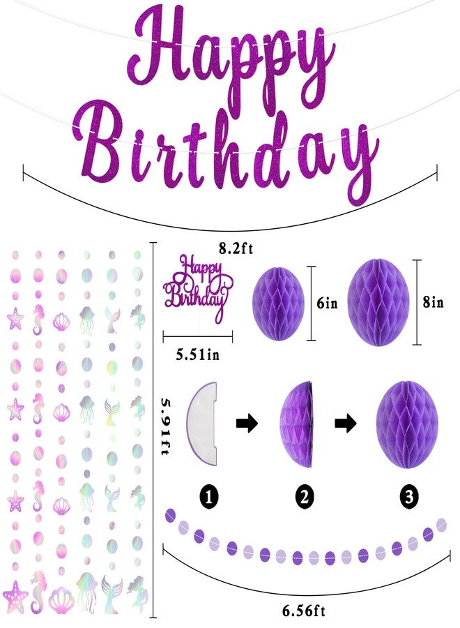 TMTECHJS Purple Birthday Decorations Pre-Strung Happy Birthday Banner with Honeycomb Balls Cake Topper Ocean Theme Hanging Swirls Circle Dots Garland - Image 3